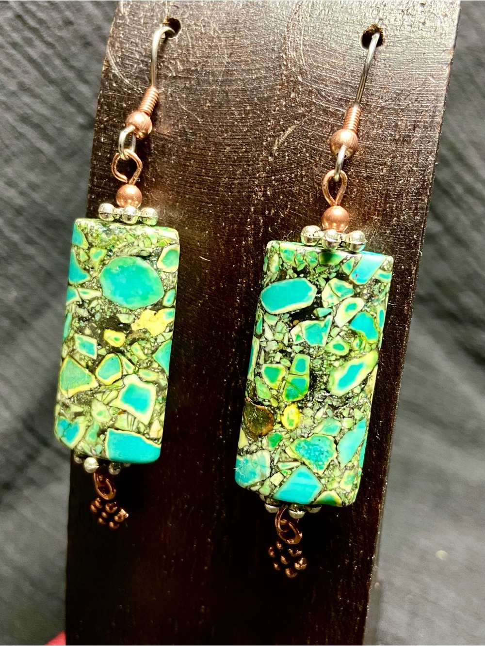 Turquoise and Lemon Lime Mosaic Drop Earrings - Picture 2 of 3